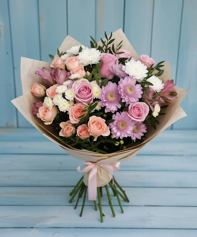 Букет цветов из: Хризантемы, Розы и Альстромерии в Кузяево