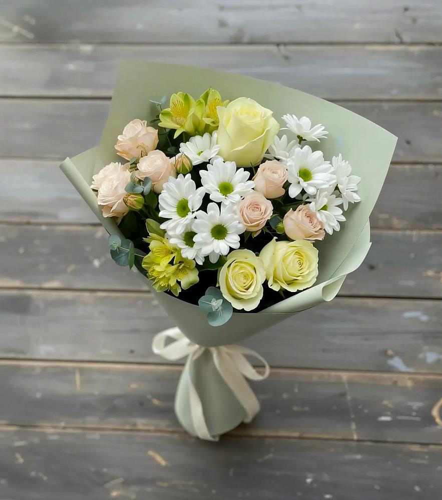 Букет цветов из: Альстромерии, Розы и Хризантемы в Кузяево