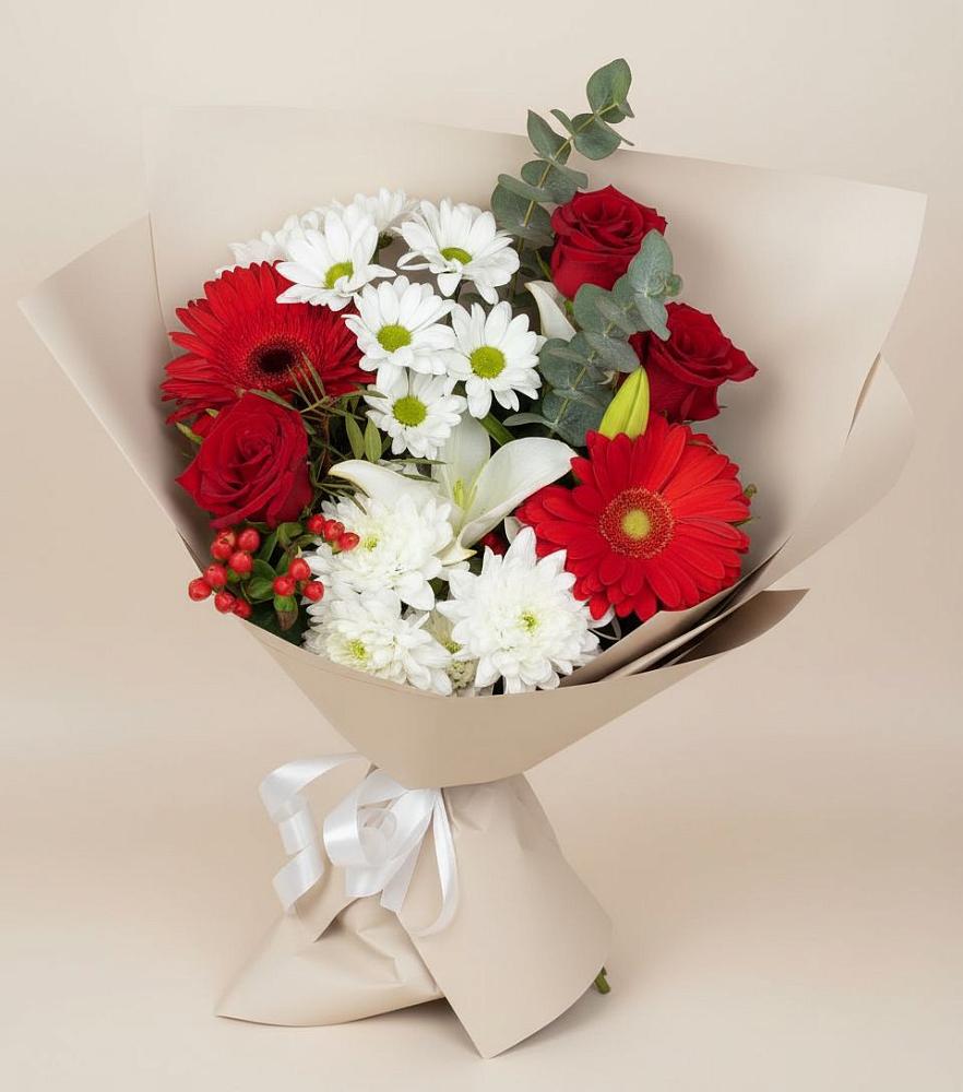 Букет цветов из: Розы, Хризантемы, Герберы и Лилии в Кузяево