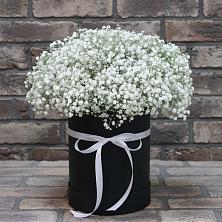 Цветочная композиция из Гипсофила в шляпной коробке в Кузяево